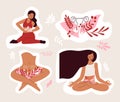 Stickers set of hand drawn women with floral feminine gynecology. Womb wonder - gynecology and female intimate health