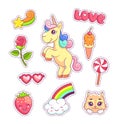 Stickers set pop art style with unicorn