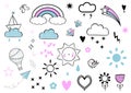 Stickers set with rainbow, star, cloud,heart, star, sun, bird and balloon.