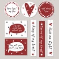 Stickers set in white red with hearts and declarations of love. St Valentine styled.