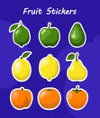 Stickers set of whole fruits apple, lime, pear, avocado, lemon, peach, apricot, mango, orange, persimmon Royalty Free Stock Photo