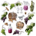 Stickers set of wine product objects. Hand drawn ink and colored sketch elements isolated on white background Royalty Free Stock Photo