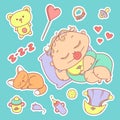 Stickers sleeping child and kitten. Hygiene items, baby care and toys. The chubby curly asleep kid with pacifier in his