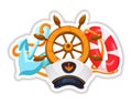 Stickers with steering wheel, captain`s hat, life preserver and anchor. Royalty Free Stock Photo