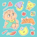 Stickers of the surprised child and the kitten. Hygiene items, baby care and toys. The chubby curly puzzled kid with big