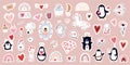 Valentine`s Day stickers collection with different seasonal elements, items set for kids, textile clothes and scrapbook Royalty Free Stock Photo