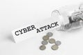 Sticking out of a jar of coins a piece of paper with a text Cyber attack on a white background Royalty Free Stock Photo