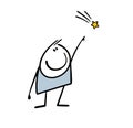 Stickman believes in omens, points his finger at star falling in the sky. Vector illustration of doodle comet in space