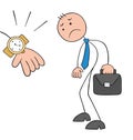 Stickman boss shows his worker the time and says he is late, hand drawn cartoon vector illustration