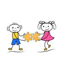 Stickman boy and girl holding puzzle icons. Teamwork or problem solving cartoon figures. Royalty Free Stock Photo