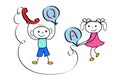 Stickman boy and girl team in customer help support center. Cartoon technical FAQ and Q&A service.