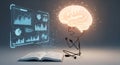 Stickman Brain Data Analysis Beside Opened Book in Pixel Art Display on Grey Background Cartoon Illustration Royalty Free Stock Photo