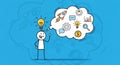 Stickman with Bulb Idea in Cloud Shape on Blue Background Royalty Free Stock Photo