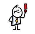 Stickman in a business suit holding an exclamation mark in his hand draws attention to important information.