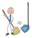 Stickman businessman character with broom and dustpan, sweeping the floor, vector cartoon illustration