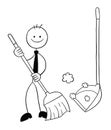 Stickman businessman character with broom and dustpan, sweeping the floor, vector cartoon illustration