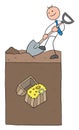 Stickman businessman character digging the ground and big treasure under the soil, vector cartoon illustration