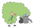 Stickman businessman character disgusted by the smell of garbage, vector cartoon illustration