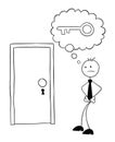 Stickman businessman character in front of the locked door but no key, vector cartoon illustration Royalty Free Stock Photo