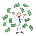 Stickman businessman character happy and paper moneys floating in air, vector cartoon illustration