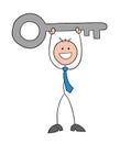 Stickman businessman character happy and raising big key, vector cartoon illustration Royalty Free Stock Photo