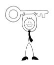 Stickman businessman character happy and raising big key, vector cartoon illustration Royalty Free Stock Photo