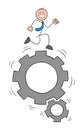 Stickman businessman character happy and running on the spinning gear, vector cartoon illustration