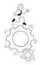 Stickman businessman character happy and running on the spinning gear, vector cartoon illustration