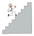 Stickman businessman character happy and running stairs, vector cartoon illustration