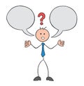 Stickman businessman character has two thoughts and is undecided, vector cartoon illustration