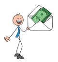 Stickman businessman character holding an envelope and there are moneys in it, vector cartoon illustration
