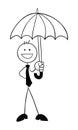 Stickman businessman character holding umbrella and happy, vector cartoon illustration