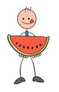 Stickman businessman character holding watermelon slice and wants to eat it, vector cartoon illustration