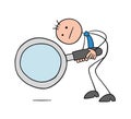 Stickman businessman character looking down with a magnifying glass, vector cartoon illustration Royalty Free Stock Photo