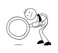 Stickman businessman character looking down with a magnifying glass, vector cartoon illustration