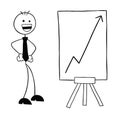 Stickman businessman character with the rising sales chart and very happy, vector cartoon illustration Royalty Free Stock Photo