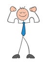 Stickman businessman character strong and showing biceps, vector cartoon illustration