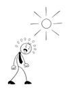 Stickman businessman character walks in hot weather and his tongue is out, vector cartoon illustration