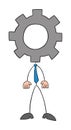 Stickman businessman with gear head, hand drawn outline cartoon vector illustration