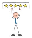 Stickman businessman gives 5 stars to the service or product he receives as a customer, hand drawn cartoon vector illustration