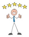 Stickman businessman gives 5 stars to the service or product he receives as a customer and shows thumbs up, hand drawn cartoon