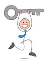 Stickman businessman happy and carries the big key, runs, hand drawn outline cartoon vector illustration Royalty Free Stock Photo