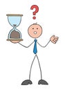 Stickman businessman is holding an almost-ending hourglass and is nervous, deadline is near and the task could not be completed