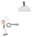 Stickman businessman is holding the key, but the keyhole is in an interesting place, above the cloud, and he is very confused, Royalty Free Stock Photo