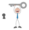 Stickman businessman is holding the key and is very happy, with the keyhole next to it, hand drawn outline cartoon vector Royalty Free Stock Photo