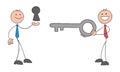 Stickman businessman is holding the keyhole and the other st,ckman businessman is holding the key. This is collaboration, teamwork Royalty Free Stock Photo