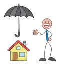 Stickman businessman is protecting the house with an umbrella and is happy, hand drawn outline cartoon vector illustration