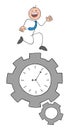 Stickman businessman running on spinning gears with clock and happy, hand drawn cartoon vector illustration Royalty Free Stock Photo