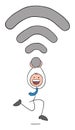 Stickman businessman is running and very happy carrying the strong wifi signal, hand drawn outline cartoon vector illustration