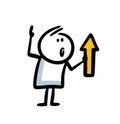 Stickman character holding in hand sign arrow and shoing up direction above his head.